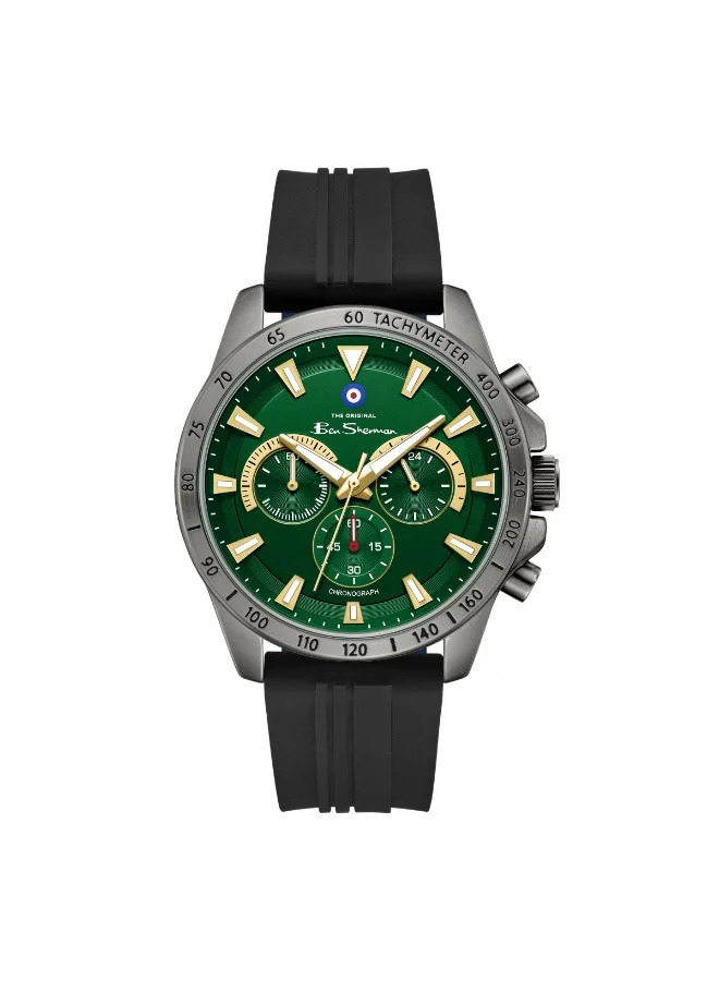 بين شيرمان Liverpool  Green Dial Black Silicone Strap Chronograph Watch for Men, 44mm