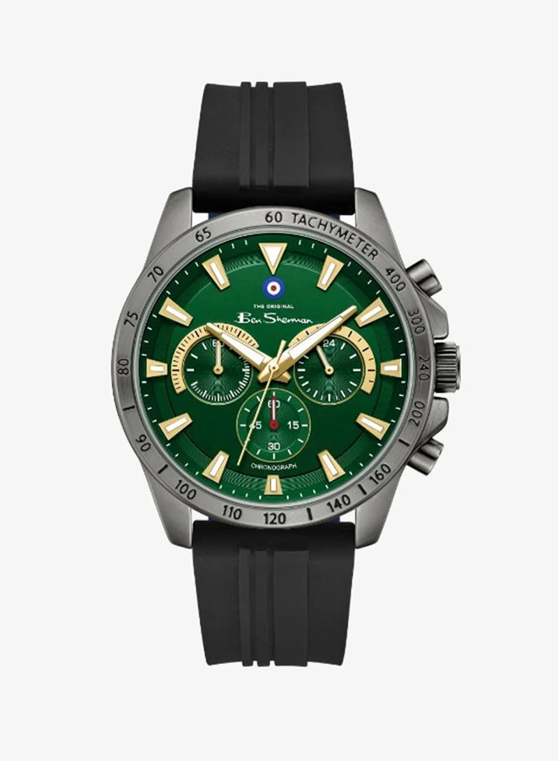 Ben Sherman Liverpool  Green Dial Black Silicone Strap Chronograph Watch for Men, 44mm