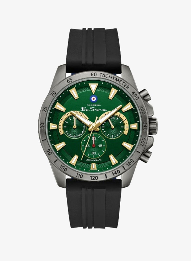 Ben Sherman Liverpool  Green Dial Black Silicone Strap Chronograph Watch for Men, 44mm - Image 1