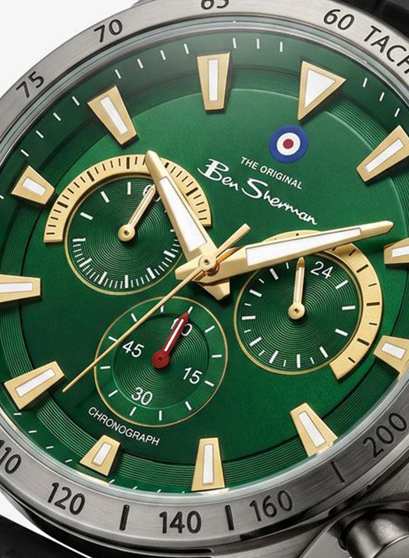 Ben Sherman Liverpool  Green Dial Black Silicone Strap Chronograph Watch for Men, 44mm - Image 2