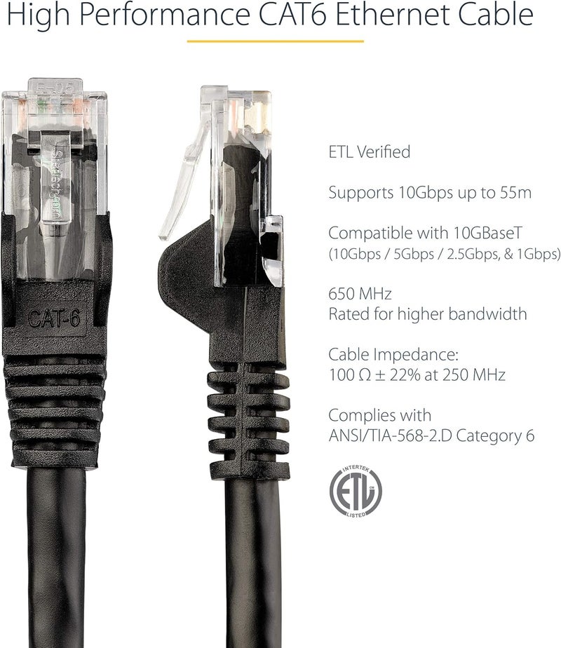 ستار تك كابل إيثرنت .com من نوع CAT6 بطول 2 متر - أسود، سرعة نقل بيانات 1 جيجابت، تردد 650 ميغاهرتز، قدرة تزويد طاقة 100 واط عبر تقنية PoE++، موصل RJ45 من نوع UTP، مزود بحماية ضد الخيوط المتشابكة، مصمم لتجنب التلف، مختبر من قبل شركة Fluke، ومعتمد وفقًا لمعايير UL/TIA (N6PATC2MBK). - Image 2