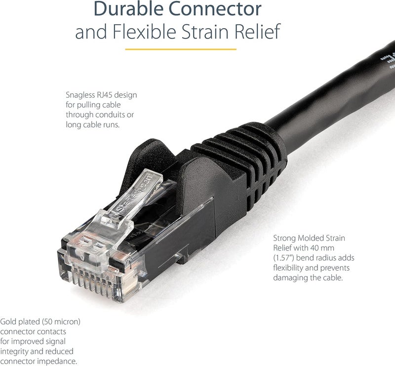 ستار تك كابل إيثرنت .com من نوع CAT6 بطول 2 متر - أسود، سرعة نقل بيانات 1 جيجابت، تردد 650 ميغاهرتز، قدرة تزويد طاقة 100 واط عبر تقنية PoE++، موصل RJ45 من نوع UTP، مزود بحماية ضد الخيوط المتشابكة، مصمم لتجنب التلف، مختبر من قبل شركة Fluke، ومعتمد وفقًا لمعايير UL/TIA (N6PATC2MBK). - Image 3