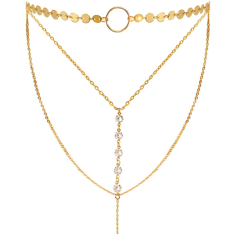 Suyi Stylish Layered Sequins Choker Necklace with Thin Long Chain Pendant for Women Lady (Crystal Gold) - Image 1