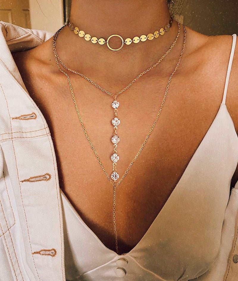 Suyi Stylish Layered Sequins Choker Necklace with Thin Long Chain Pendant for Women Lady (Crystal Gold) - Image 2