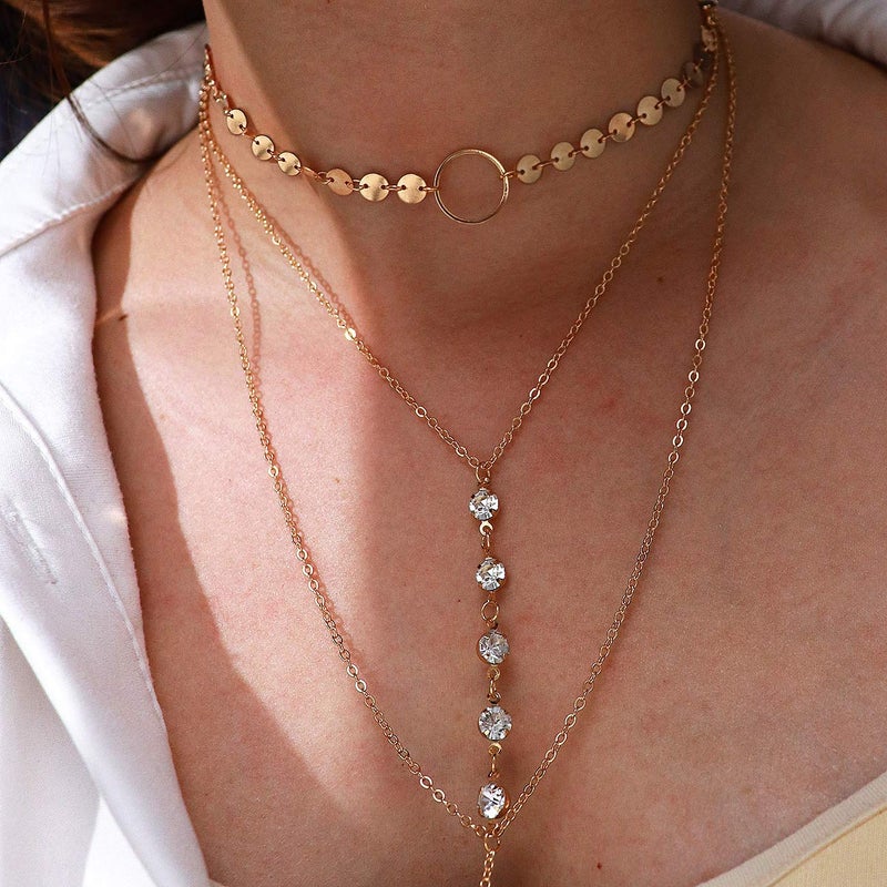 Suyi Stylish Layered Sequins Choker Necklace with Thin Long Chain Pendant for Women Lady (Crystal Gold) - Image 3
