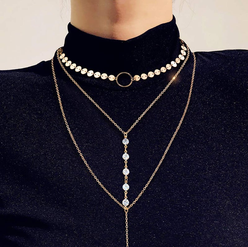 Suyi Stylish Layered Sequins Choker Necklace with Thin Long Chain Pendant for Women Lady (Crystal Gold) - Image 4