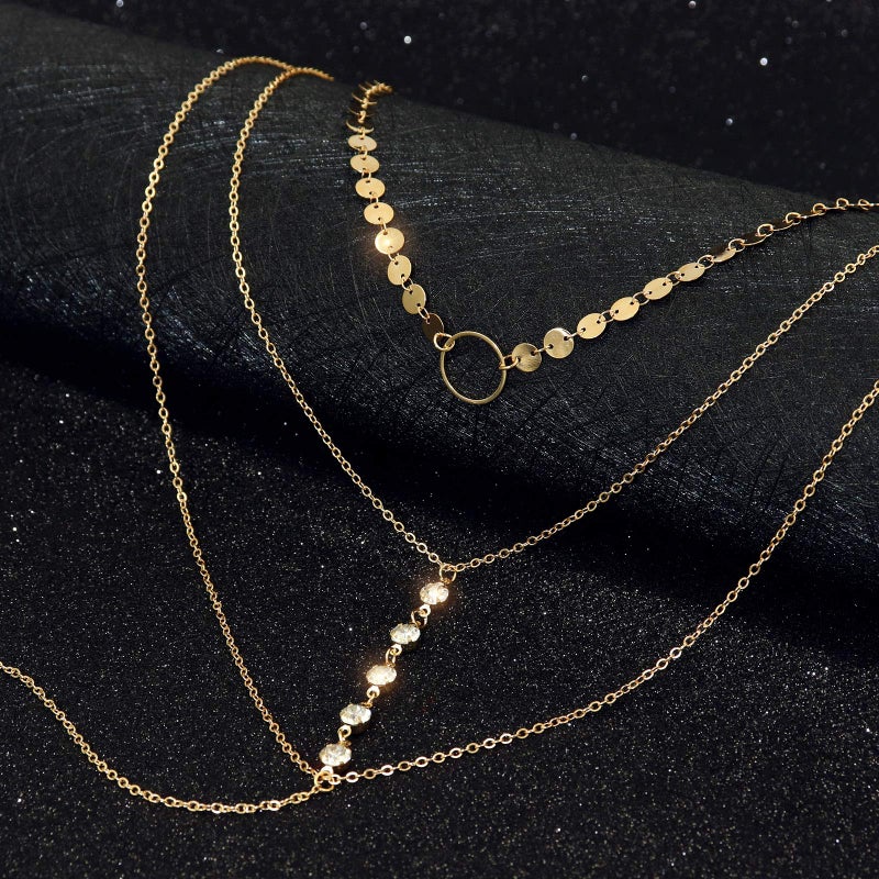 Suyi Stylish Layered Sequins Choker Necklace with Thin Long Chain Pendant for Women Lady (Crystal Gold) - Image 5