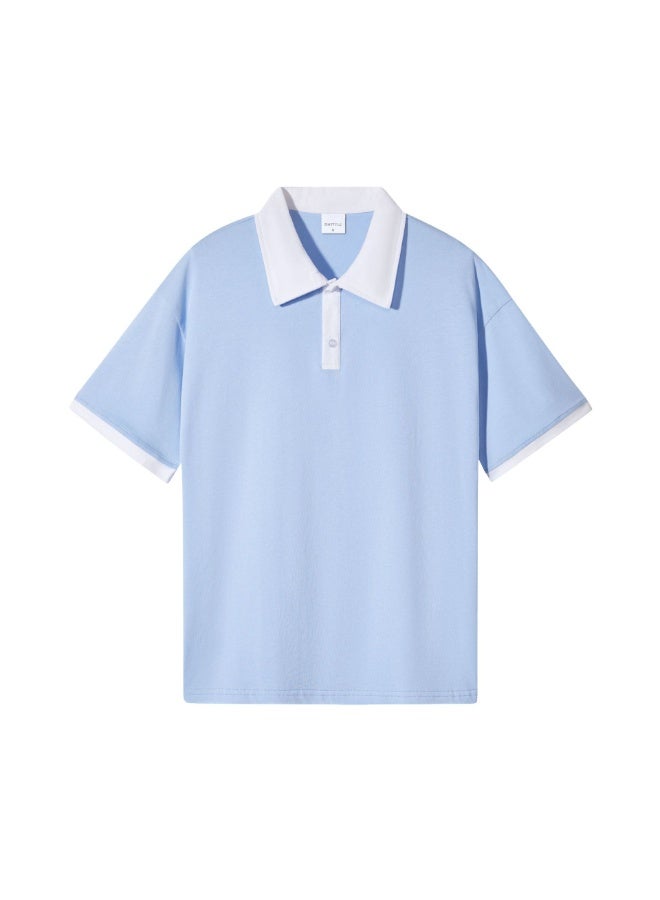 Loose Fit Men's Polo Shirt Double Thread Cotton Casual Short Sleeve T-Shirt Color Block Collar Design  - Image 1