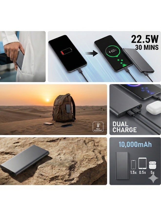 Xiaomi Deerma 22.5W Fast Charging Power Bank 10000mAh – Ultra-Slim Metal Portable Charger with USB-C PD Input/Output & USB-A – High-Speed External Battery Pack for Smartphones & Tablets – Travel Friendly – Dark Grey - Image 2