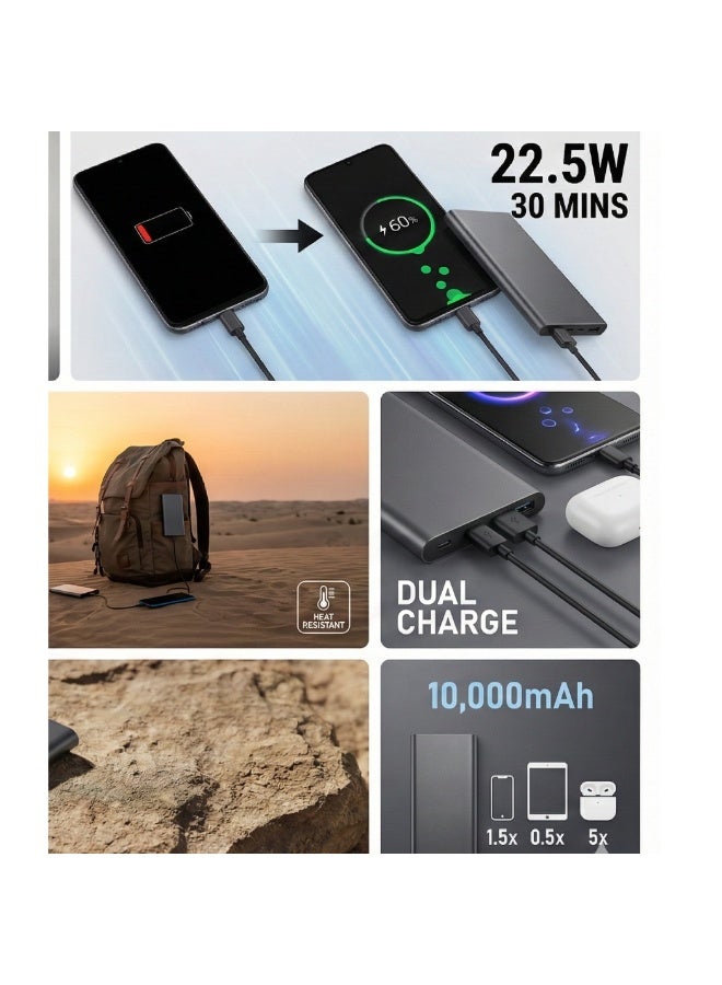 Xiaomi Deerma 22.5W Fast Charging Power Bank 10000mAh – Ultra-Slim Metal Portable Charger with USB-C PD Input/Output & USB-A – High-Speed External Battery Pack for Smartphones & Tablets – Travel Friendly – Dark Grey - Image 3
