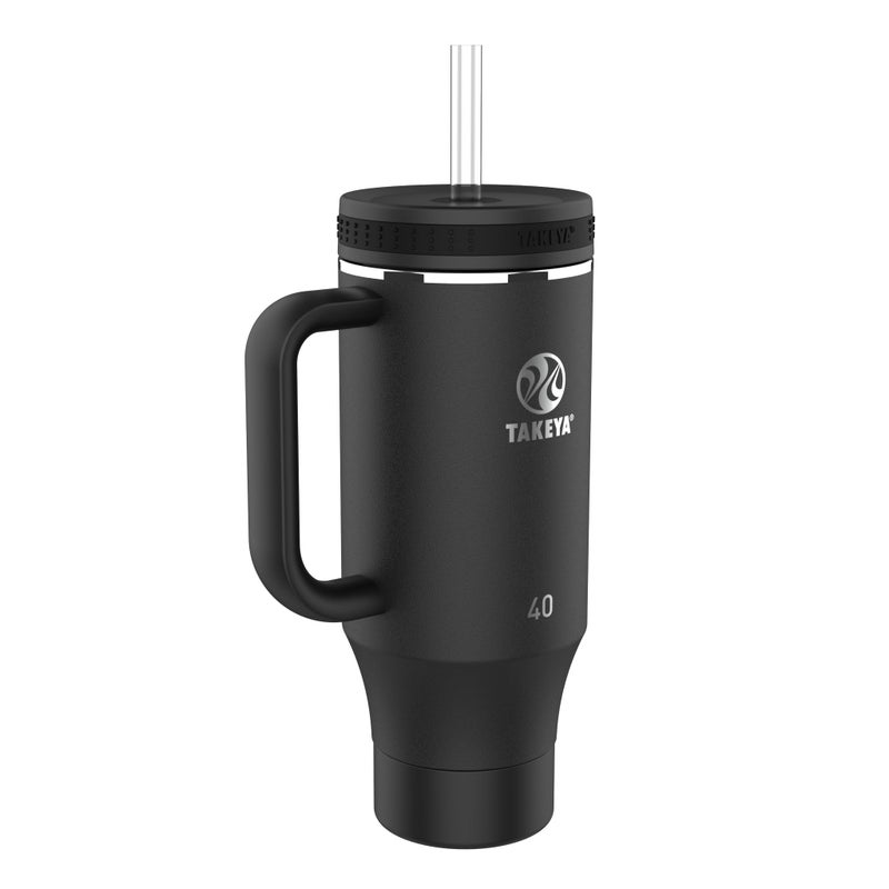 Takeya 40 oz Stainless Steel Tumbler with Lid and Two Straws Premium Quality Double Wall Insulated Wiith Handle Keep Drinks Cold for Up to 24 Hours Onyx