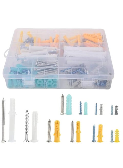 200Pcs Plastic Drywll Anchors and self Tapping Screws Assortment Kit,Different Sizes of Wall Plugs and Screws Set with Organizer Box, self Drilling Anchor for HollowWall Hanging