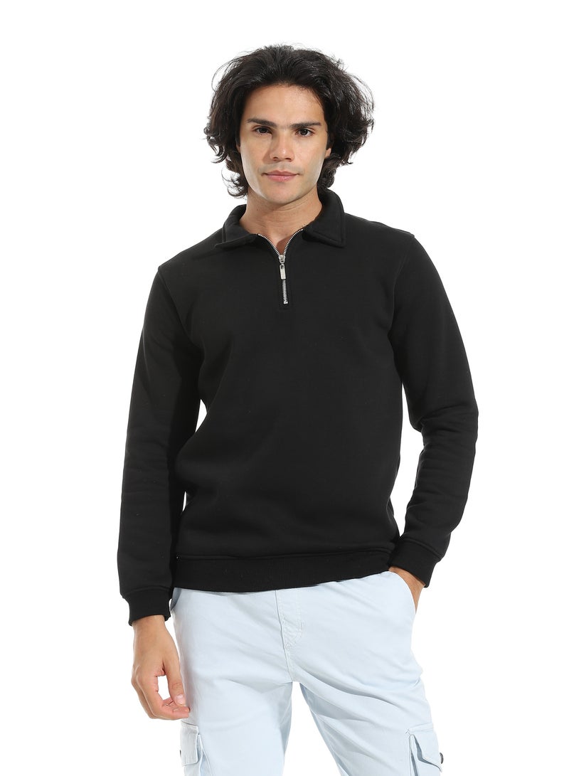 Andora Turned Down Collar Zipper Closure Sweatshirt _ Black - Image 1