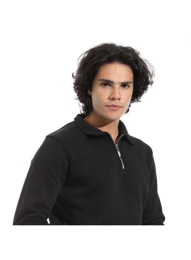 Andora Turned Down Collar Zipper Closure Sweatshirt _ Black - Image 3