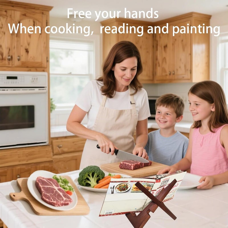 FCSTYODO Cookbook Stand for Kitchen Counter Holds 600-Page Books | Elegant Rustic Wooden Cook Book Stands for Display of Recipes & Tablets | Adjustable & Detachable Cookbook Holder Stand for Home Chefs - Image 2