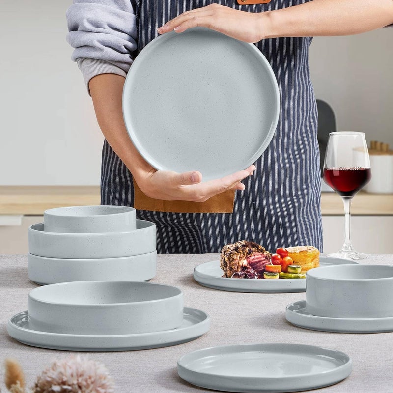 Herogo Stoneware Dinnerware Set with Salad Bowls 8 Piece Plates and Pasta Cereal Bowls for 2 Kitchen Dinner Dish Set Dishwasher  Microwave Safe Speckled Light Gray - Image 5