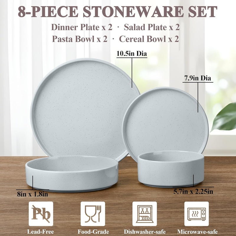Herogo Stoneware Dinnerware Set with Salad Bowls 8 Piece Plates and Pasta Cereal Bowls for 2 Kitchen Dinner Dish Set Dishwasher  Microwave Safe Speckled Light Gray - Image 2