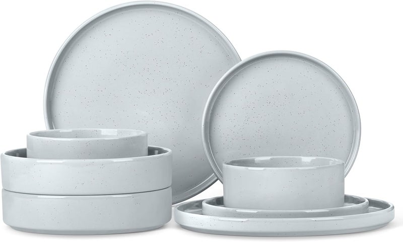 Herogo Stoneware Dinnerware Set with Salad Bowls 8 Piece Plates and Pasta Cereal Bowls for 2 Kitchen Dinner Dish Set Dishwasher  Microwave Safe Speckled Light Gray - Image 1