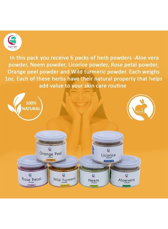 YOGI'S GIFT – Celebrating health Ayurvedic Skin Care Sampler | Six Powders in One Pack | Aloe vera Powder, Rose Powder, Wild Turmeric Powder, Licorice Powder, Neem Powder & Orange Peel Powders 1oz Each | Soap Making Ingredient  - Image 2