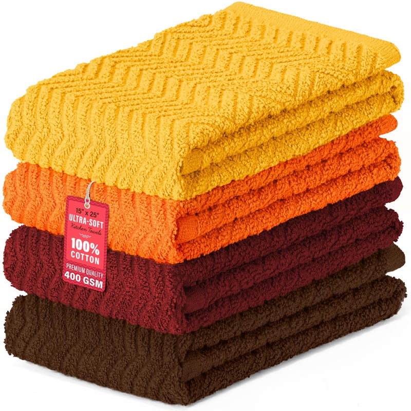 DecorRack 100 Cotton Kitchen Towels 15 x 25 Absorbent Dish Towels Premium Quality 400 GSM Fall Set Pack of 4