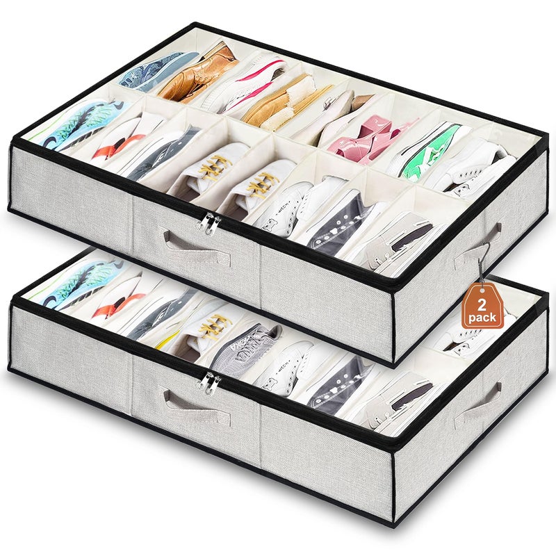 Shoe Storage Organizer Under Bed 2 Pack Fits 32 Pairs Extra Large Shoe Container Breathable Fabric Underbed Storage for Sneakers Slippers Closet Grey