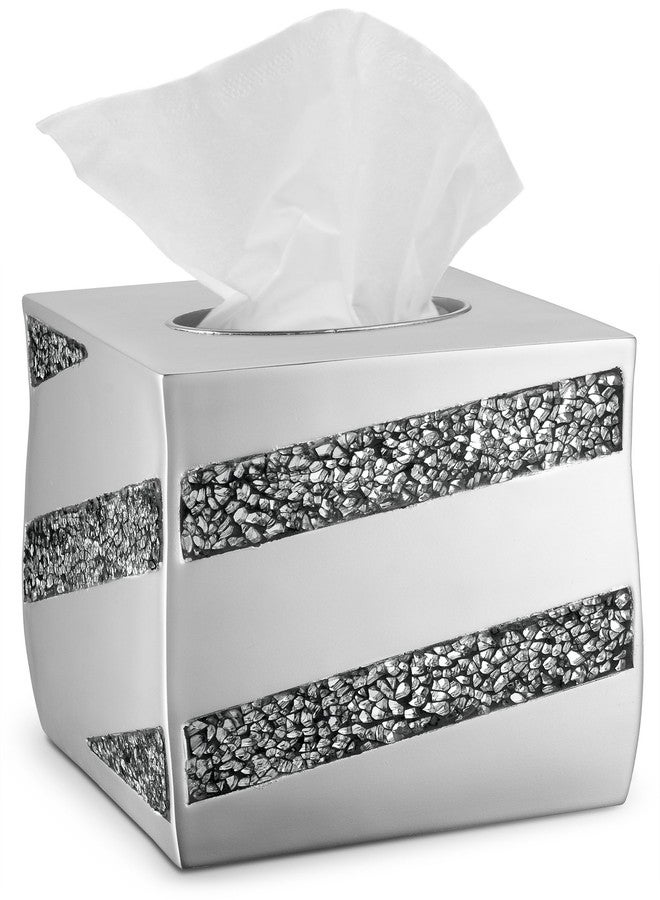 Creative Scents Silver Mosaic Tissue Box Cover Square - Decorative Tissue Box Holder for Bathroom with Durable Bottom Slider, Beautiful Silver Mosaic Tissues Cube Box Cover - Image 1