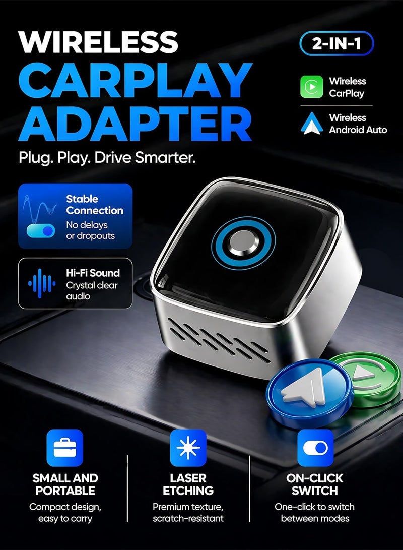 مساحة باردة محول CarPlay وAndroid Auto لاسلكي مطور 2 في 1 مع زر تحكم شامل لتبديل الهاتف وضبط وضع الإضاءة، سهل التركيب والتشغيل، اتصال سريع لأجهزة iPhone وAndroid - Image 1