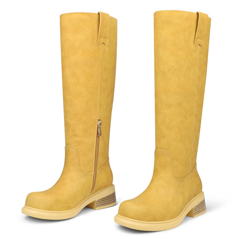 COLETER Women's Knee High Boots Chunky Block Low Heel Square Toe Side Zipper Tall Boots Comfort Fall Winter Long Boots Yellow 7.5US - Image 1