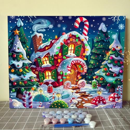 Tucocoo Christmas Candy House DIY Paint by Numbers for Adults Winter Snow Xmas Landscape DIY Oil Painting Acrylic Paint Art Painting Kits Canvas with Acrylic Paints Cute Holiday Art 16x20 Inchwithout Frame - Image 1