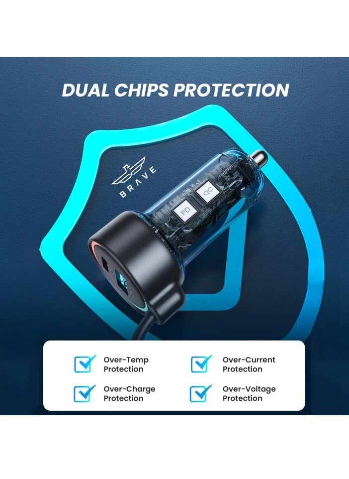 Brave - BRAVE 50W 3 Port Super-Fast Car Charger PD QC3.0 with 5ft 20W Lightning Coiled Cable Compatible with iPhone 14 13 12 11 Pro Max X XR XS 8 Samsung Galaxy Note 20/10 S21/20/10 Google Pixel and many more - Image 1