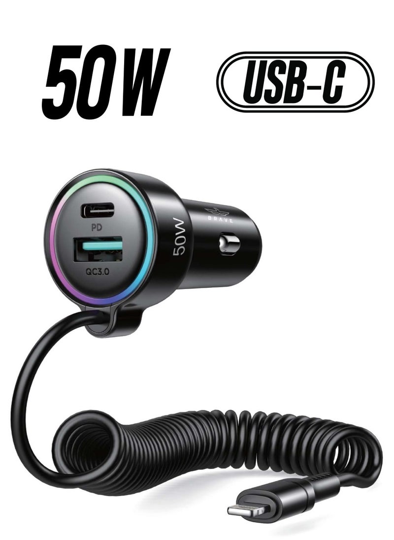 Brave - BRAVE 50W 3 Port Super-Fast Car Charger PD QC3.0 with 5ft 20W Lightning Coiled Cable Compatible with iPhone 14 13 12 11 Pro Max X XR XS 8 Samsung Galaxy Note 20/10 S21/20/10 Google Pixel and many more - Image 1