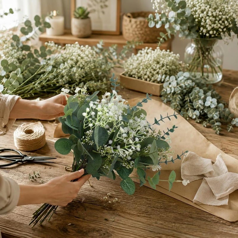 HO2NLE 150Pcs Mixed Artificial Greenery Stems, Babys Breath Artificial Flowers and Eucalyptus Stems, Faux Floral Picks for Wedding DIY Bouquets Table Centerpieces Vase Fillers Home Decor - Image 4
