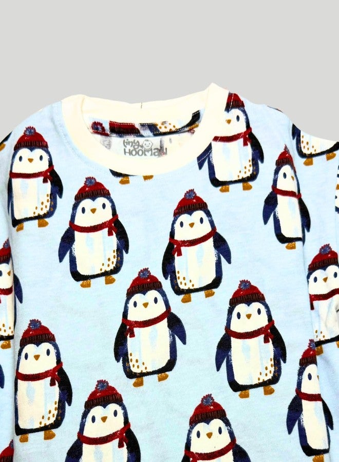 Tiny Hooman Cotton Drop Shoulder Tee | Blue Penguin Print T-Shirt for Baby Boys & Girls - Size: 3-6 Months - Image 3