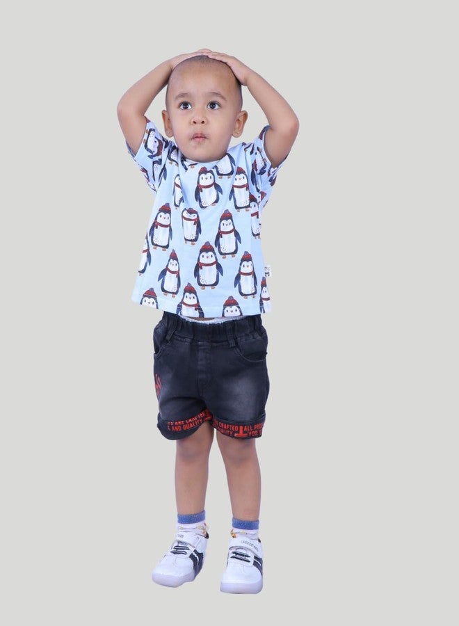 Tiny Hooman Cotton Drop Shoulder Tee | Blue Penguin Print T-Shirt for Baby Boys & Girls - Size: 3-6 Months - Image 4