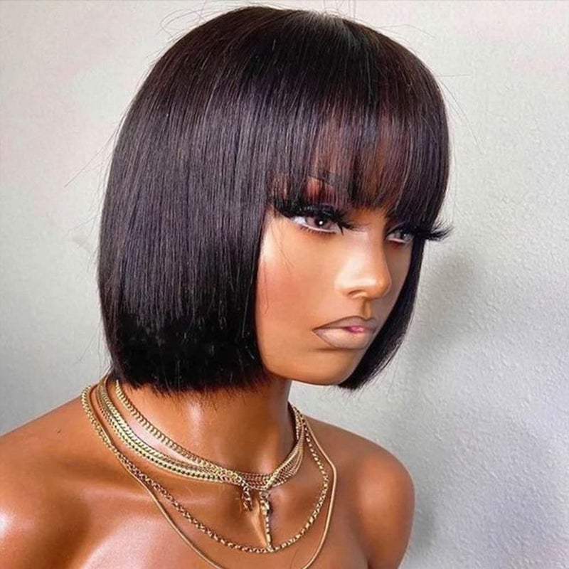 JOEDIR HAIR Bob Human Hair Wig with Bangs for Black Women Short Straight Hair 8 Inch Natural Black Glueless Machine Made Short Bob Wigs