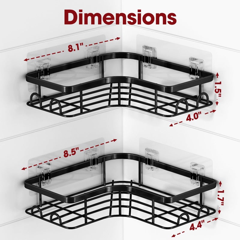 Sakugi Corner Shower Caddy - 2 Pack, Adhesive Shower Organizers, Rustproof Stainless Steel Shower Shelves with 8 Hooks, No Drilling Bathroom Organizers and Storage Racks, Space-Saving, Black,Medium - Image 2