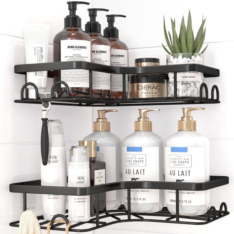 Sakugi Corner Shower Caddy - 2 Pack, Adhesive Shower Organizers, Rustproof Stainless Steel Shower Shelves with 8 Hooks, No Drilling Bathroom Organizers and Storage Racks, Space-Saving, Black,Medium - Image 1