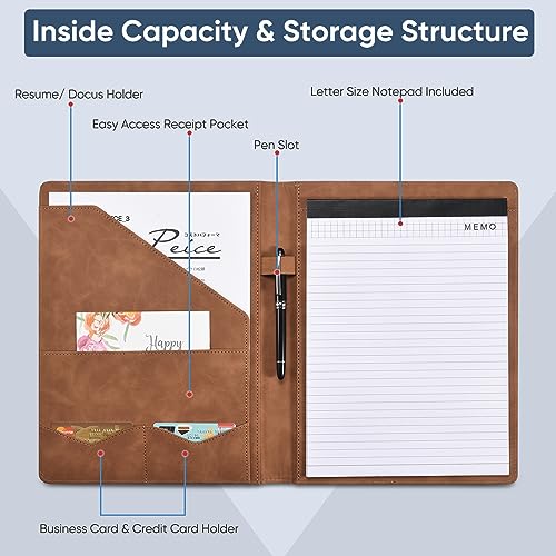 Pacific Mailer Padfolio Portfolio Leather Binder, Interview Legal Document Organizer, Business Card Holder Included Letter Sized Writing Pad [Brown, Piano Noir Faux Leather Matte Finish] - Image 3