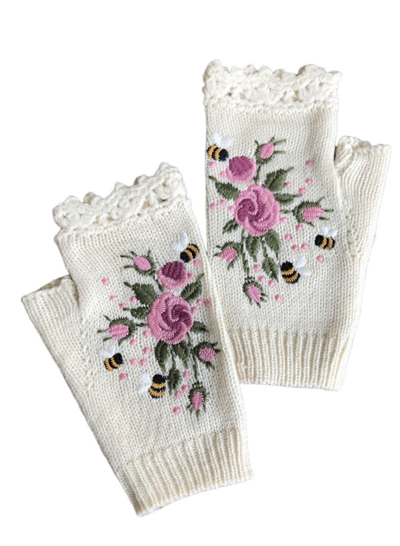 Y&D Hand Embroidered Gloves, 1 Pair Floral Fingerless Knit Winter Warm Gloves for Women,White  - Image 1