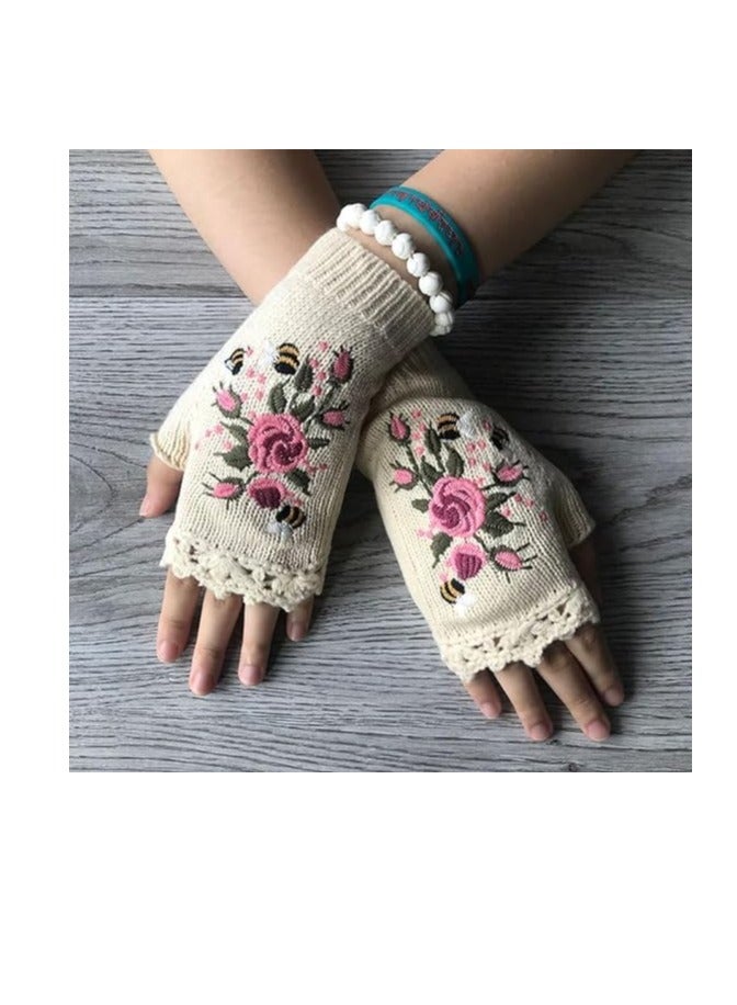 Y&D Hand Embroidered Gloves, 1 Pair Floral Fingerless Knit Winter Warm Gloves for Women,White  - Image 2