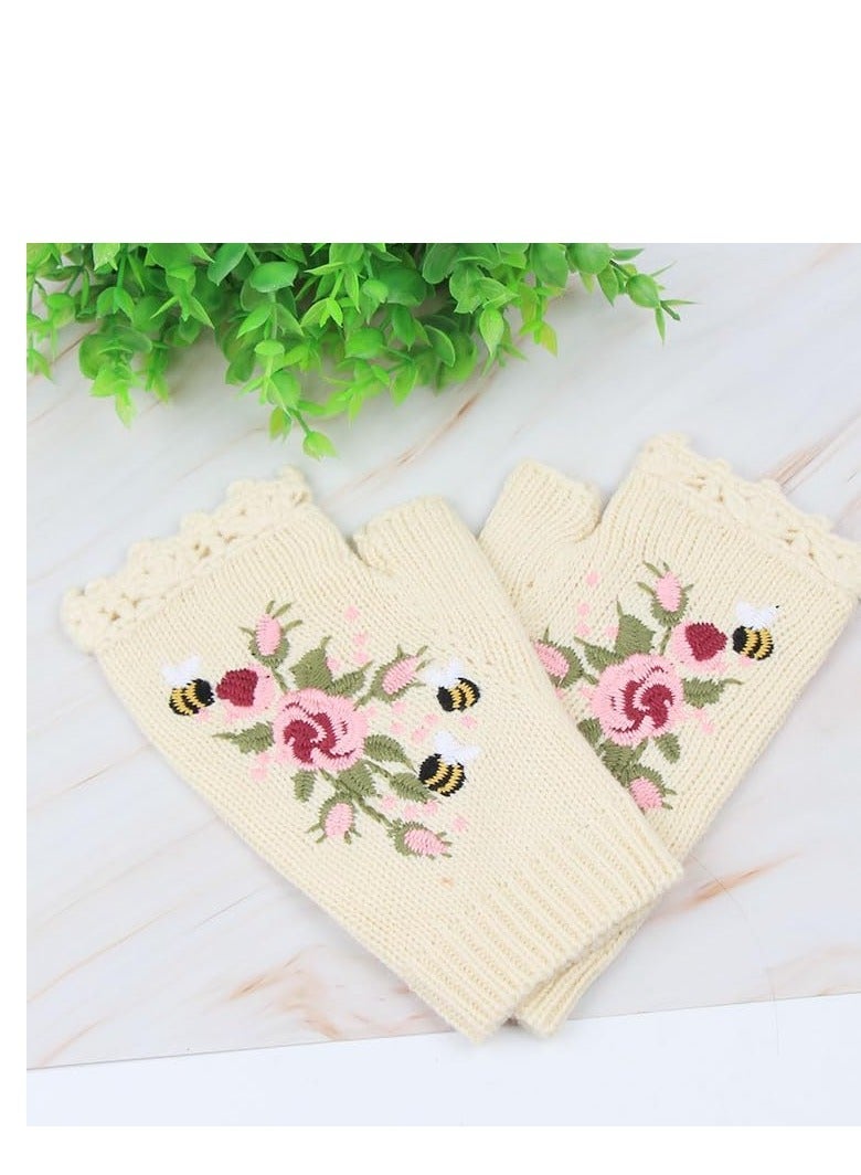 Y&D Hand Embroidered Gloves, 1 Pair Floral Fingerless Knit Winter Warm Gloves for Women,White  - Image 4
