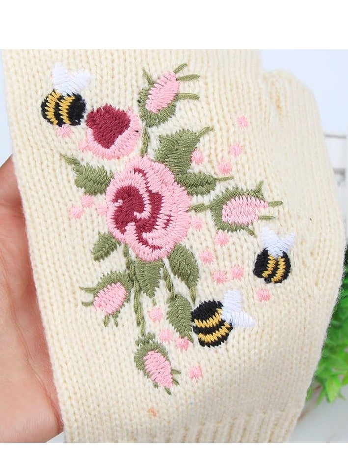 Y&D Hand Embroidered Gloves, 1 Pair Floral Fingerless Knit Winter Warm Gloves for Women,White  - Image 3