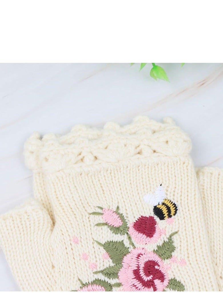 Y&D Hand Embroidered Gloves, 1 Pair Floral Fingerless Knit Winter Warm Gloves for Women,White  - Image 5