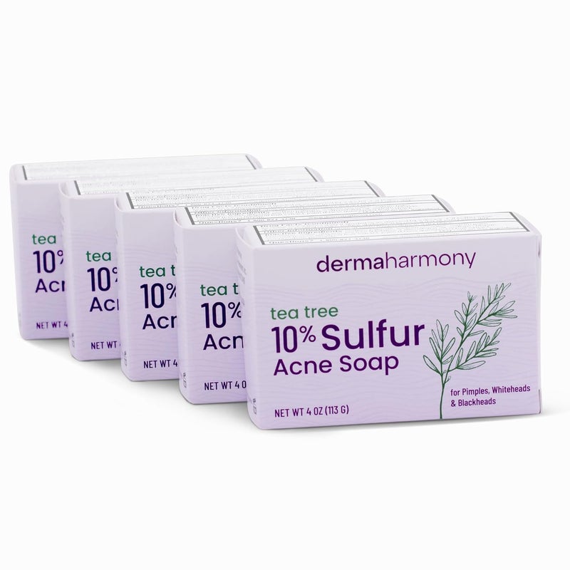 Dermaharmony 10 Sulfur with Tea Tree Oil Acne Bar Soap for Face Chest Back 4 oz 5 Bars