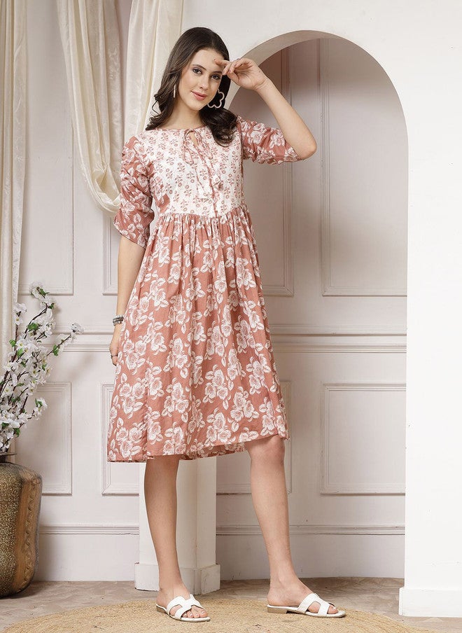 Indibelle Women's Brown Floral Printed Fit & Flare Dress with Three-Quarter Sleeves - Image 3