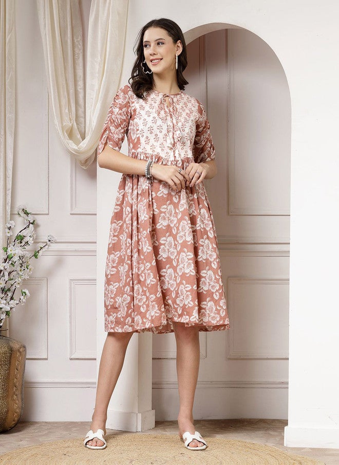 Indibelle Women's Brown Floral Printed Fit & Flare Dress with Three-Quarter Sleeves - Image 5