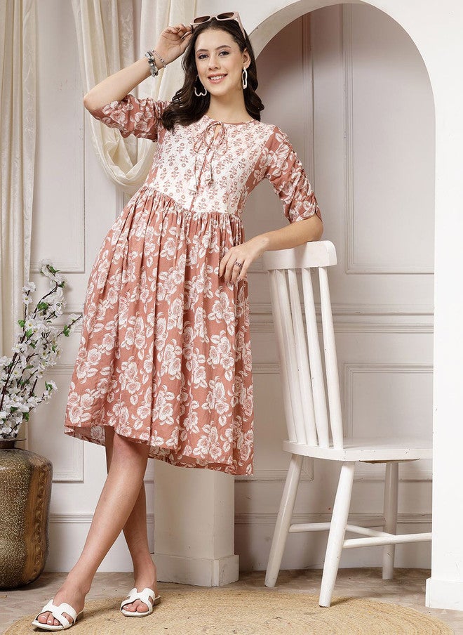 Indibelle Women's Brown Floral Printed Fit & Flare Dress with Three-Quarter Sleeves - Image 1