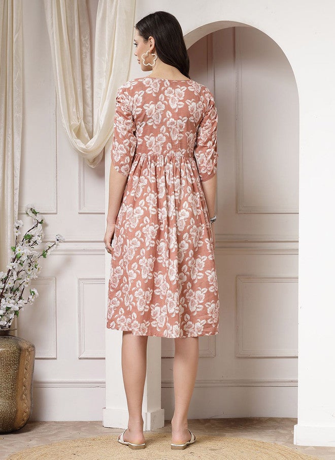 Indibelle Women's Brown Floral Printed Fit & Flare Dress with Three-Quarter Sleeves - Image 4