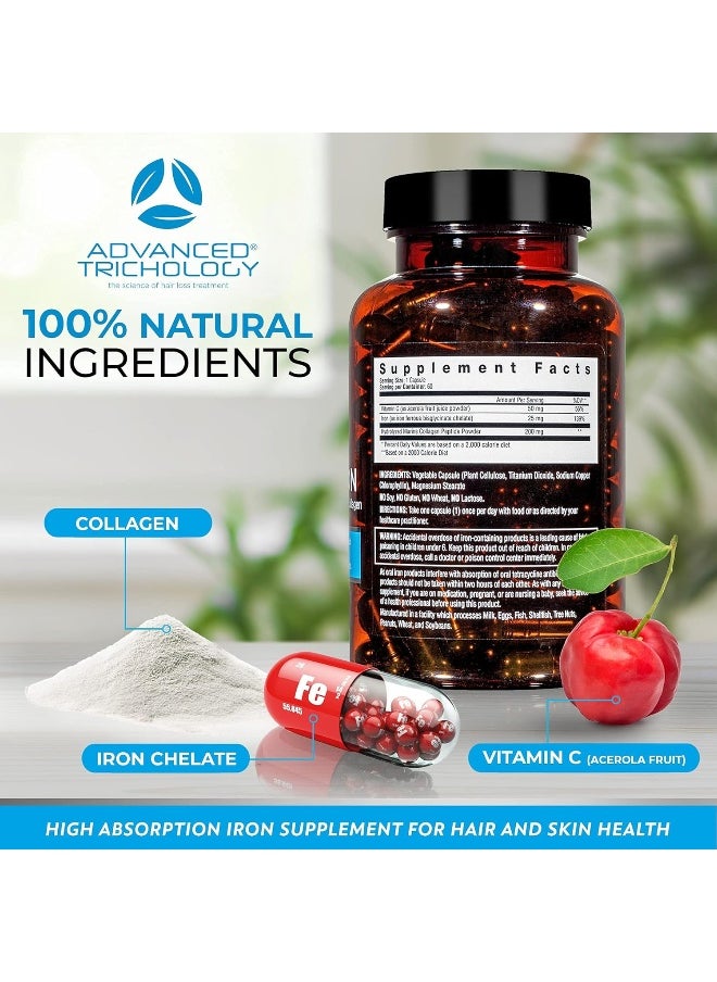 Advanced Trichology - Derma-Iron Supplement for Women and Men - Iron blood builder pills for hair and skin with Collagen and natural Vitamin C, low iron and ferritin, thinning hair, hair loss support - Image 1