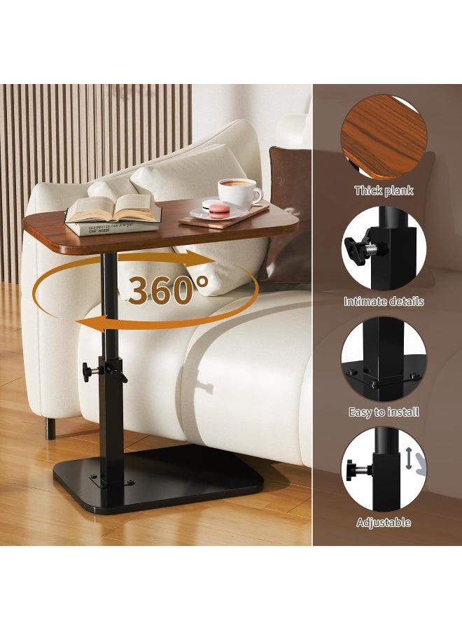 HI-FINE Adjustable Height C-Shaped Table, 360° Swivel TV Tray, Small TV Tray for Couch, Bedside and Living Room, Couch Table with Metal Pillar(Brown) - Image 4